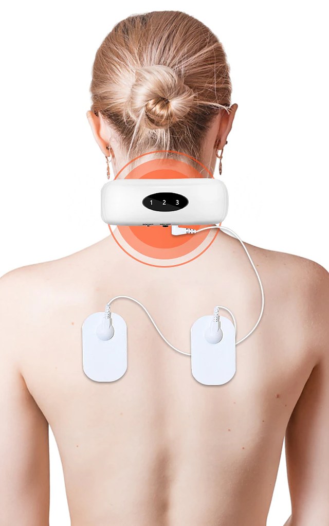 Back view: the neck unit and two wired pads in place